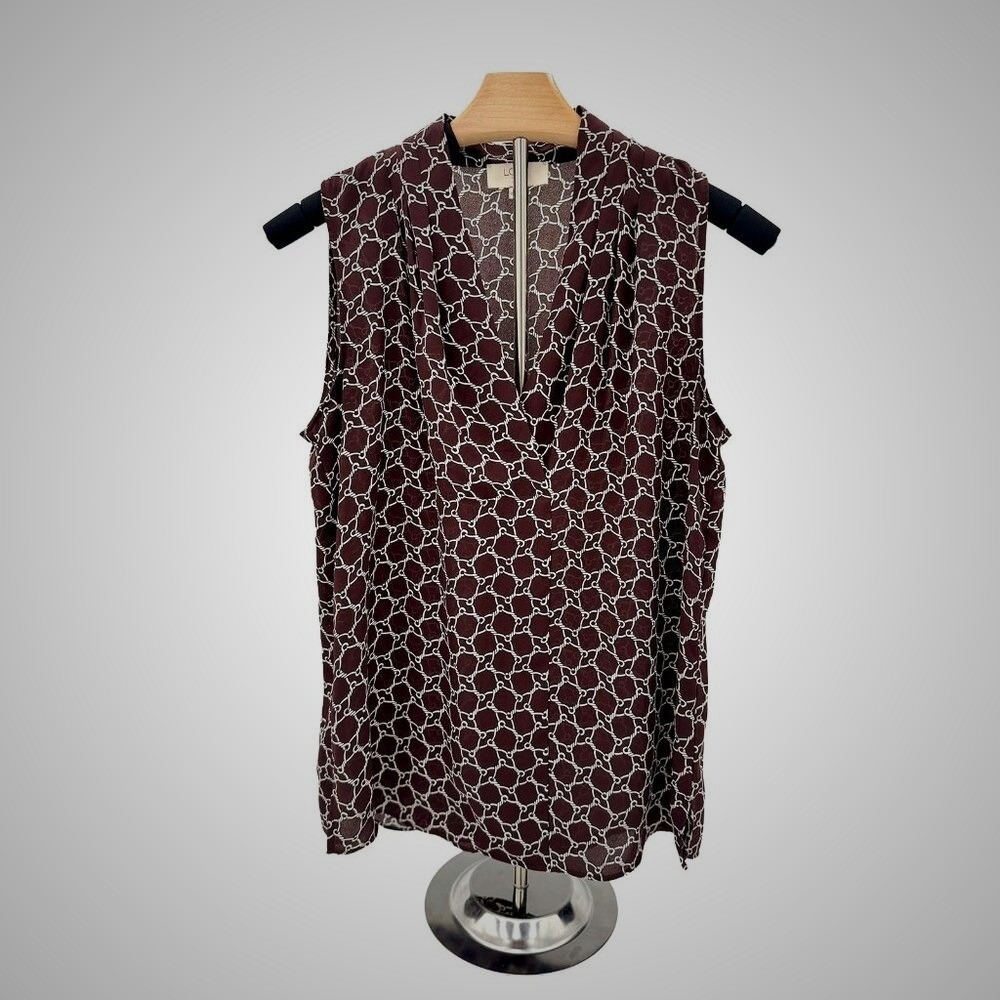 Loft Womens Burgundy Geometric Chain Link Print Sleeveless V-Neck Blouse Top